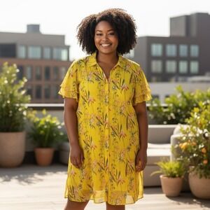 Cato Women's Sheer‎ Swim Cover Up 18/20W Yellow Floral Print Button Front